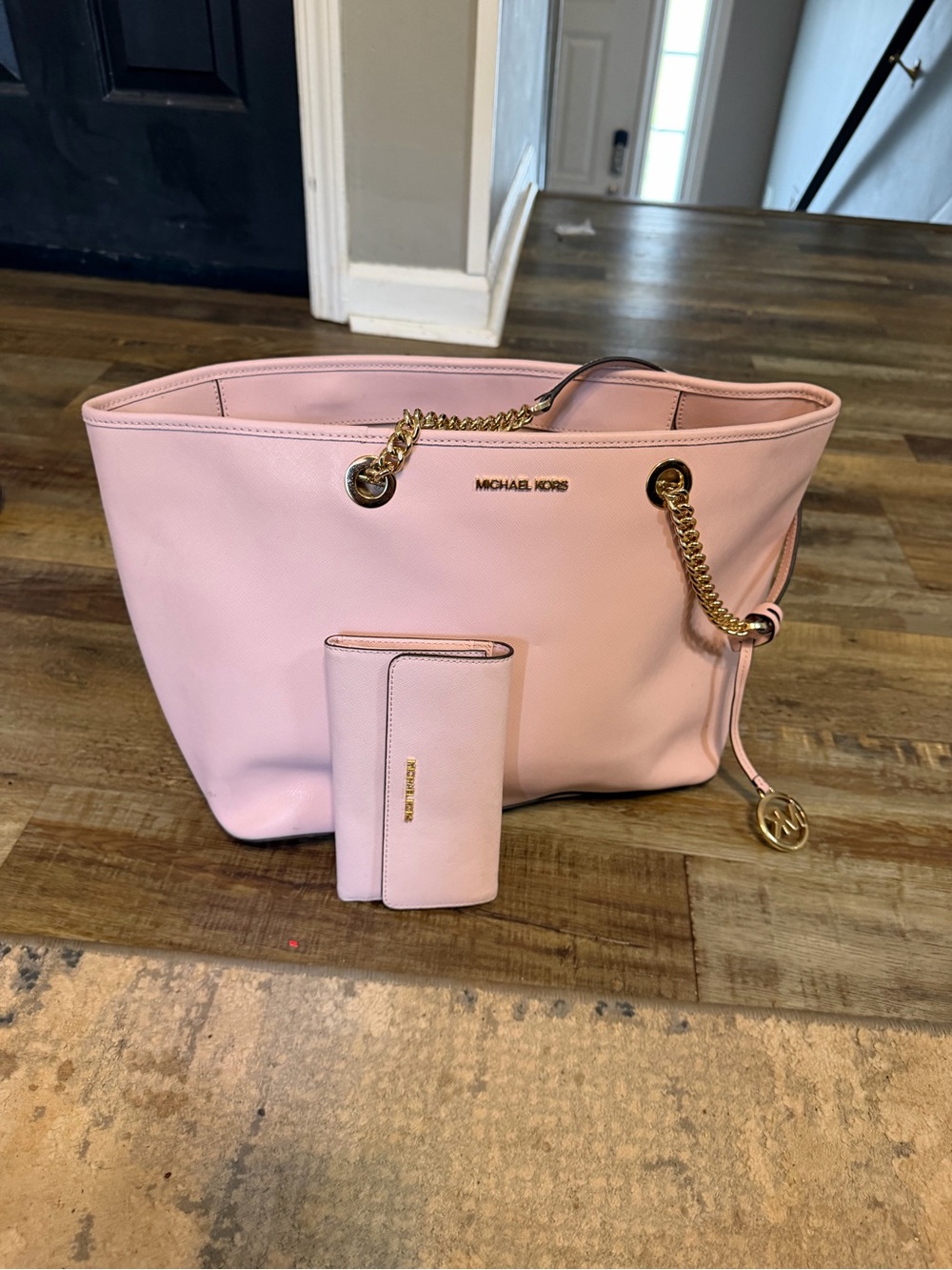 Michael Kors Light Pink Leather Tote with Gold Chain Accents and Matching Wallet